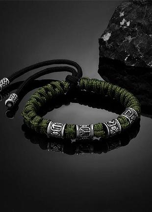 Браслет для мужчин из паракорда и стали viking стальной серый с рунами зеленый limited edition