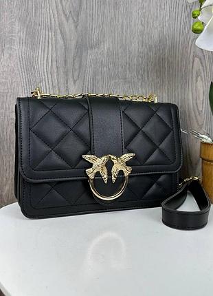Жіноча невелика сумка, клатч у стилі пінко з пташками, невелика сумка на ланцюжку pinko черный с золотым