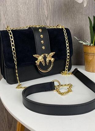 Замшева жіноча невелика сумка, клатч через плече, сумка для дівчат з пташками на ланцюжку черный с золотом