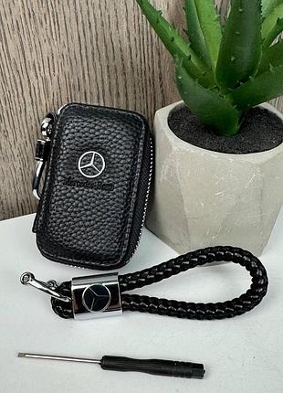 Автомобільний набір шкіряна ключниця + брелок ремінець, виготовлений зі шкіри для ключа mercedes, блискавка, 20.0, бичина, для