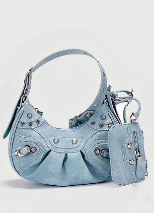 Сумочка женская 8819 8825 кросс-боди лаковая черного цвета голубой