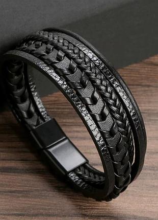 Стильний браслет для чоловіків, виготовлений з натуральної шкіри palmel чорного кольору на магнітній застібці 17-19 см limited