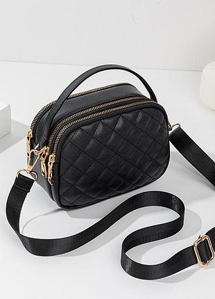 Сумочка классика женская 10283 кросс-боди на ремешке с тремя отделами черного цвета экокожа, золотая, черный