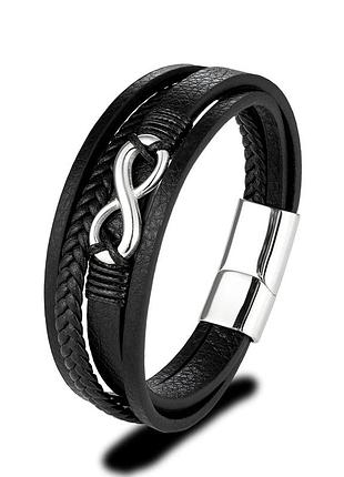 Браслет для мужчин из натуральной кожи infinity silver черного цвета 17-19 см (длина изделия 21 см)