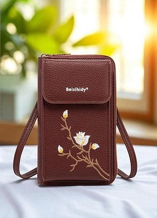 Женская мини клатч сумочка с цветами вышивка для телефона, маленькая сумка кошелек на плечо с цветочками бордовый