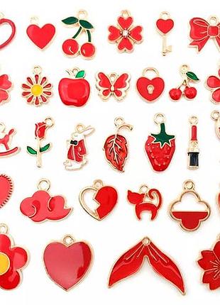 Набір емальованих підвісок шарміків 100 шт, змішані, червоні, металеві