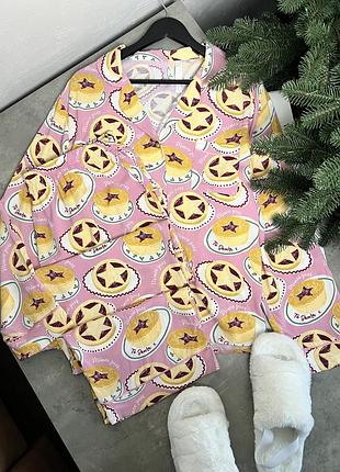 Піжама жіноча двійка сорочка і штани в милий принт котонова рожева