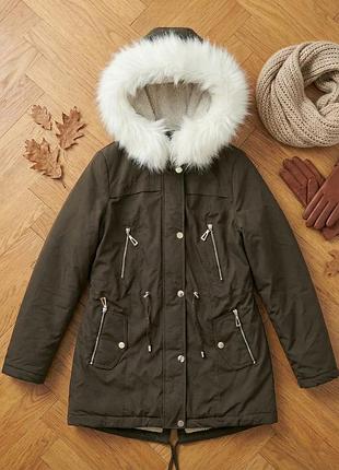 ​❄️ зимова парка кольору темний хакі на овчині — тепла та стильна!