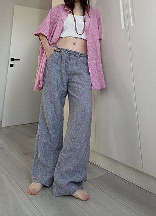 Штаны marks&spencer эко лён брюки хлопок серые свободные оверсайз на завязках на резинке хиппи бохо этно винтаж wide leg прямого кроя йога