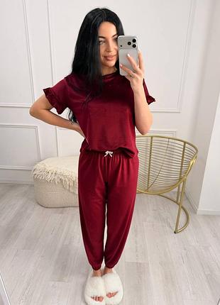 Пижама двойка, из велюра штаны и футболка, комплект для дома, костюм домашний,