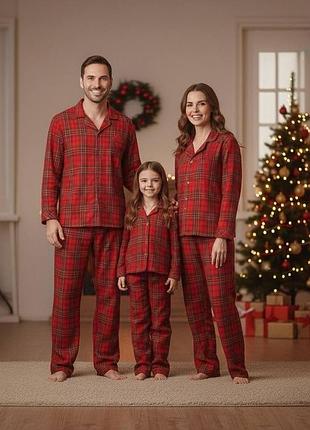 Жіноча чоловіча дитяча домашня бавовняна піжама у клітинку двійка сорочка і штани family look фемелі лук