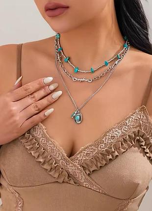 Набор из 3 цепочек натуральный камень бирюза