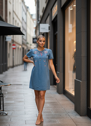 Джинсовое мини платье с коротким рукавом и вышивкой
