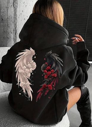 Жіноча класична тепла трикотажна на флісі кофта худі з малюнком