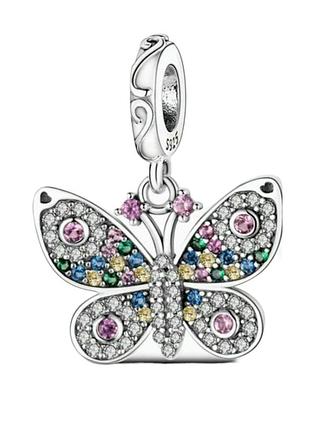 Серебряная бусина, шарм яркая бабочка