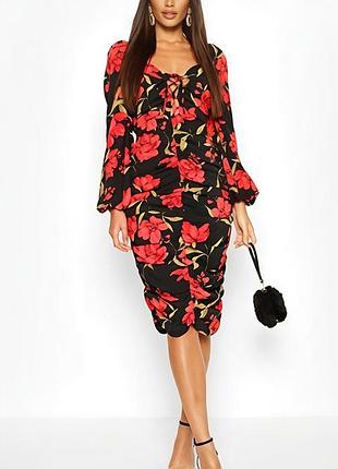 Шикарное платье миди в крупные цветы