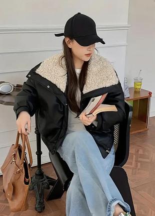 Куртка зимова утеплена 🖤☃️эко кожа+ эко шерсть на воротнике