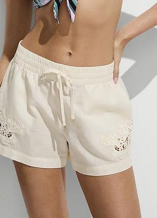 Пляжные шорты лен хлопок с вышивкой натуральные короткие легкие victoria's secret оригинал кремовые бежевые экрю айвори р.м