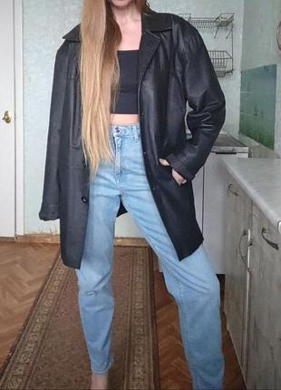 Винтажный кожаный пиджак detail черный оверсайз - размер м