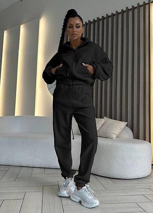 Жіночий спортивний костюм двійка теплий флісовий на блискавці без капюшону чорний