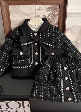 Детский твидовый костюм для девочки черный жакет и юбочка костюм для девочки