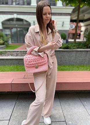 Стильная женская вязаная сумка ручной работы из трикотажной пряжи, качественная летняя сумочка розовая, gp3