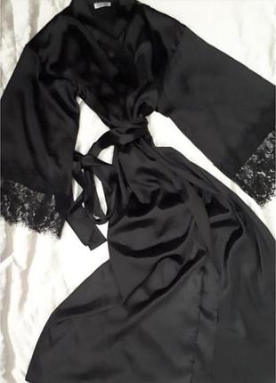 Халат шовковий довгий з широким мереживом,други кольори