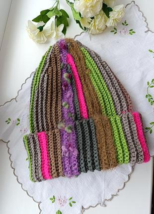 Шапка печворк вязаная ручной работы этатно шапка яркая вязаная