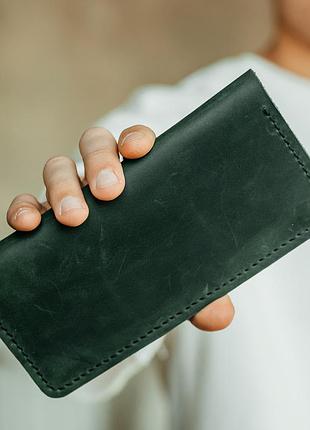Клатч чоловічий шкіряний лонгер зелений стильний на кнопках 20х10 см з відділеннями для купюр, карт та монет