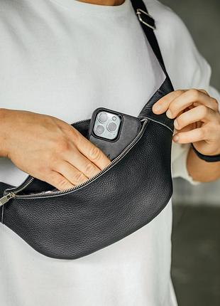 Чоловіча бананка, чоловіча сумка через плече з натуральної шкіри, містка чорна сумка на пояс