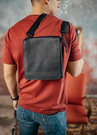 Чоловіча барсетка з клапаном, чорна сумка через плече з натуральної шкіри, класичний месенджер