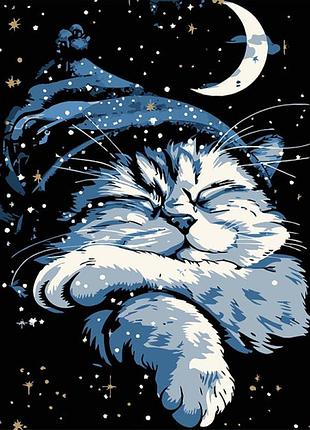 Картина за номерами stateg кіт уві сні на чорному фоні 40х50 см ah1170-8