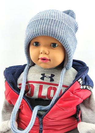 Детская вязаная шапка теплая с флисом на завязках детские головные уборы голубой (шдт220)