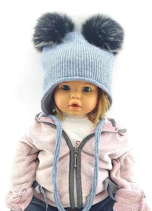 Детская вязаная шапка теплая с флисом на завязках детские головные уборы голубой (шдт266) 50 размер