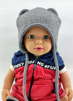 Детская вязаная шапка теплая с флисом и завязками детские головные уборы серый (шдт194) 52 размер