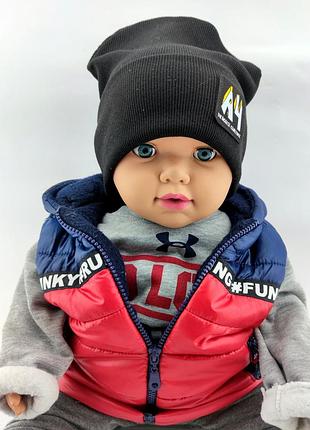 Шапка дитяча трикотажна подвійна демісезонна дитячі головні убори чорна (шд34) 52 розмір