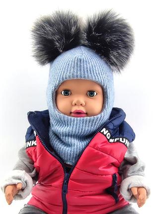 Дитяча в'язана шапка шолом тепла з флісом дитячі головні убори блакитний (шдт250) 52 розмір