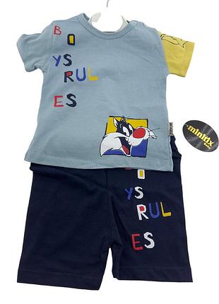 Костюм 6, 9, 12, 18 місяців туреччина літній на хлопчика для новонародженого блакитний (кднм2458) 9 місяців