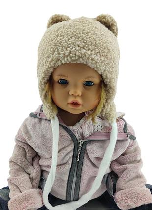 Детская тедди шапка теплая с флисом на завязках детские головные уборы бежевый (шдт318) 46 размер