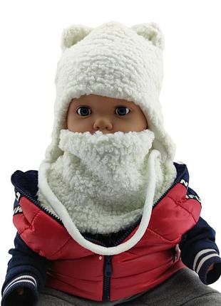 Детская вязаная шапка теплая с флисом хомутом с завязками детские белый (шдт329) 52 размер