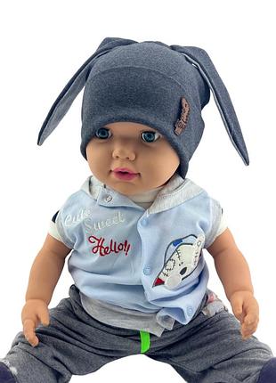 Шапка детская трикотажная двойная для ребенка головные уборы синий (шд585) 50 размер