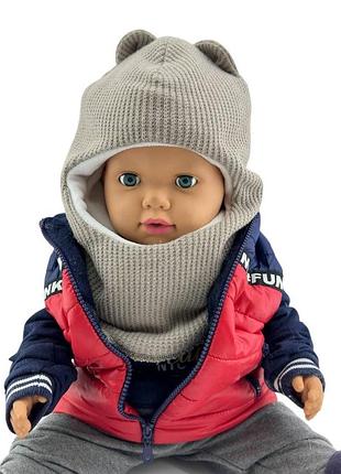Зимняя шапка шлем детская вязаная 0-16 лет с ушками для мальчиков и девочек 52 размер