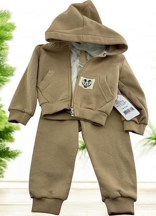 Костюм 9, 12, 18, 24 месяцев турция теплый трикотажный новорожденного мальчика бежевый (кднм2485) 18 месяцев
