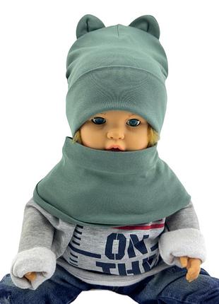 Шапка дитяча трикотажна подвійна для новонароджених з хомутом головні убори хакі (шд496)