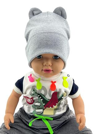 Шапка детская трикотажная двойная для ребенка головные уборы серый (шд459) 52 размер