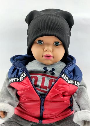 Шапка детская трикотажная двойная демисезонная детские головные уборы черная (шд35) 54 размер