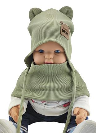Шапка дитяча трикотажна подвійна для новонароджених з хомутом головні убори хакі (шд327) 44 розмір