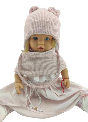 Дитяча в'язана шапка тепла з флісом хомутом із зав'язками дитячі головні убори рожевий (шдт312) 54 розмір