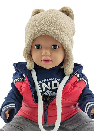 Детская тедди шапка теплая с флисом на завязках детские головные уборы бежевый (шдт323) 48 размер