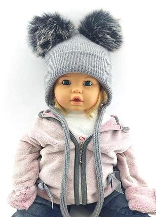 Дитяча в'язана шапка тепла з флісом на зав'язках дитячі головні убори сірий (шдт268) 50 розмір